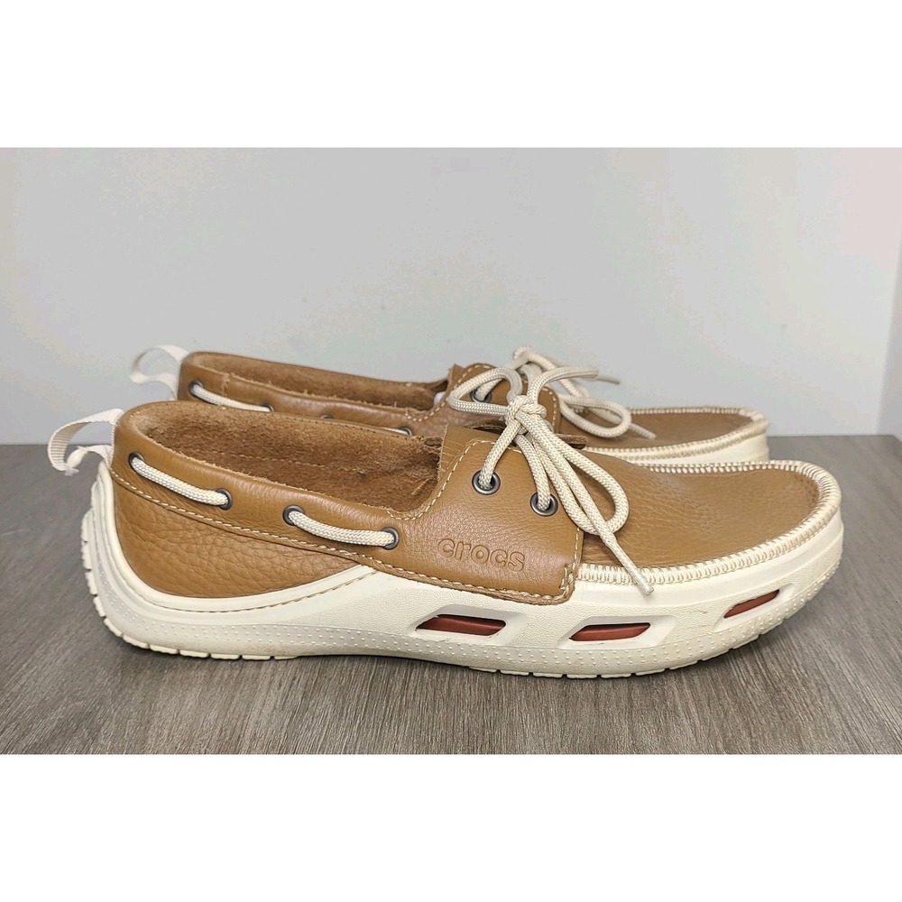 Crocs Mens Boat Shoes Size 9M Brown Leather Lace Up Slip On Casual Comfort